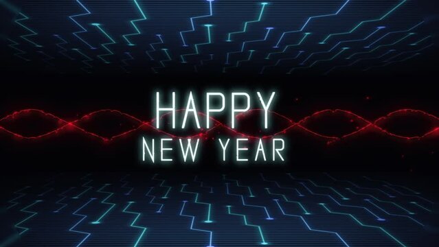 Happy New Year on digital screen with HUD elements and neon lines, motion abstract futuristic, space and winter holidays style background
