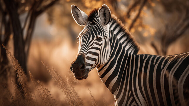 Close up photography of a Zebra in Safari, isolated on a blurred forest background