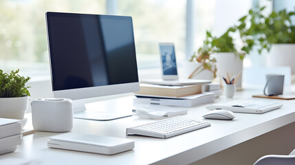 Fototapeta premium Computer laptop, cup of coffee and office supplies on a table in a fresh office with a view of buildings