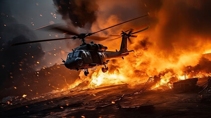 Military forces and helicopters between fire and bombs in battle field