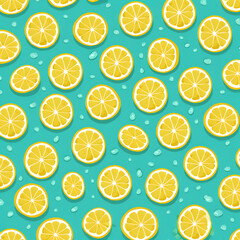 Seamless pattern with lemons on the turquoise background . Fruit minimal concept. Flat lay.