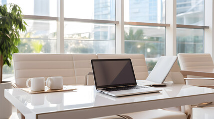 Fototapeta premium Serene Workspace with Modern Laptop and Organized Books Illuminated by Soft Light