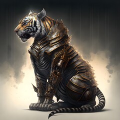 realistic drawing of quadrupedal tiger zoo animal wearing metal barding on a plain background  - obrazy, fototapety, plakaty