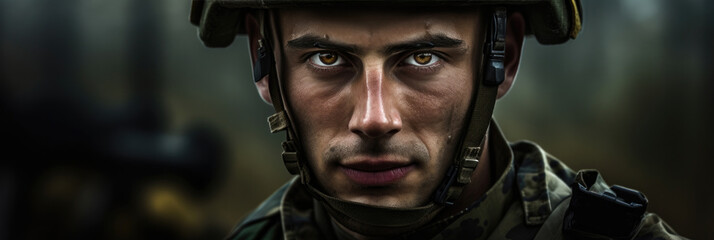 Portrait of a European army soldier in the ranks with selective focus, human enhanced - obrazy, fototapety, plakaty