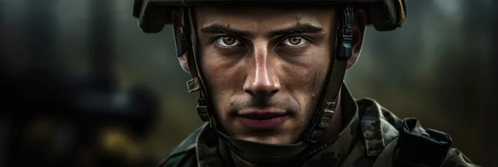 Fotobehang Portrait of a European army soldier in the ranks with selective focus, human enhanced © Sasint
