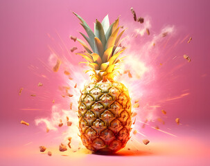 Pineapple with a pink background and gold floating confetti. The pineapple appears to be exploding with light and color.  Food concept art