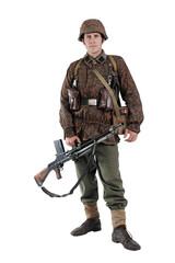 Male actor in the uniform of a German army soldier during World War II with a machine gun