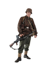 Male actor in the uniform of a German army soldier during World War II with a machine gun