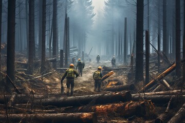 clearing a forest of rotten trees. lumberjacks - obrazy, fototapety, plakaty
