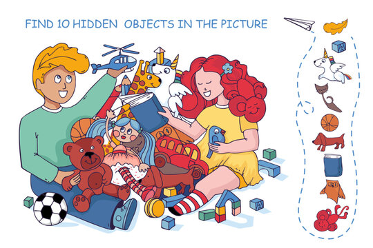 Kids with Pile of Toys. Find Hidden 10 Objects in the Picture. Puzzle Visual Game for children. Education game for family celebration, school, party, magazines. Sketch Vector illustration