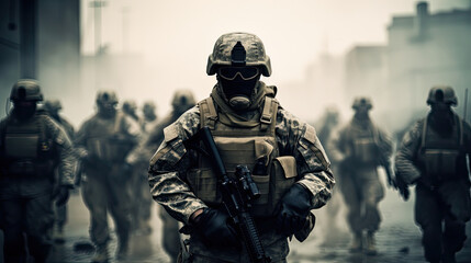 Several modern soldiers fully equipped facing the camera in a dusty and smoggy environment - obrazy, fototapety, plakaty