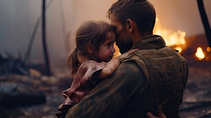 Soldier holds a child refugee little girl sad from being forced to flee her home. Child in the war conflict on the ruins, the concept of peace and war, sad child. Humanitarian disaster - obrazy, fototapety, plakaty