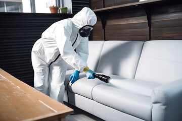 A disinfectant in a protective suit sprays furniture to get rid of bed bugs