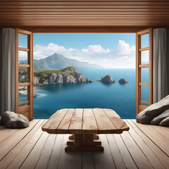 Wooden table in the open window overlooking the sea and mountain landscape