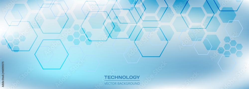 Poster Abstract hexagon light blue concept vector background. Digital technology hexagonal background. Wide horizontal science medical banner. Vector illustration