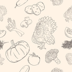Seamless Thanksgiving pattern with various elements, turkey, pumpkin and vegetables