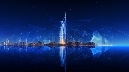 Polygonal 3d Dubai city in dark blue background. Outline city concept vector. Wire-frame style. The layers of visible and invisible lines. 3D illustration.