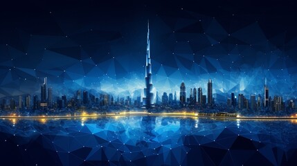 Polygonal 3d Dubai city in dark blue background. Outline city concept vector. Wire-frame style. The layers of visible and invisible lines. 3D illustration. - obrazy, fototapety, plakaty