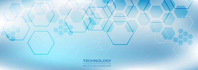 Abstract hexagon light blue concept vector background. Digital technology hexagonal background. Wide horizontal science medical banner. Vector illustration