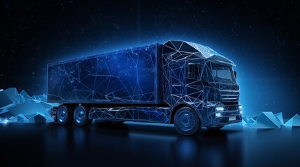 Polygonal 3d truck on dark blue background. Online cargo delivery service, logistics or tracking app concept. Abstract vector illustration of online freight delivery service.
