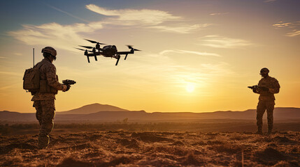 Fototapeta na wymiar Soldiers use a drone, quadrocopter for reconnaissance during a military operation against the background of a sunset.