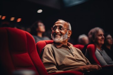 Man Sitting in Red Chair in Movie Theater - obrazy, fototapety, plakaty
