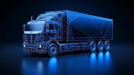 Polygonal 3d truck on dark blue background. Online cargo delivery service, logistics or tracking app concept. Abstract vector illustration of online freight delivery service.