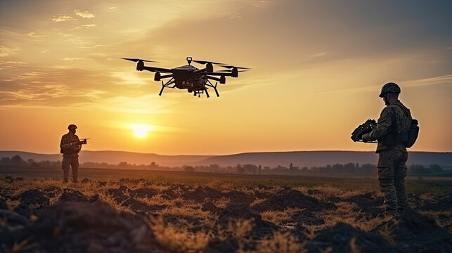 Soldiers use a drone, quadrocopter for reconnaissance during a military operation against the background of a sunset.