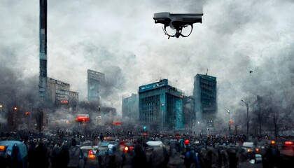 surveillance cameras and drones besiege the city realistic photo full of details  - obrazy, fototapety, plakaty