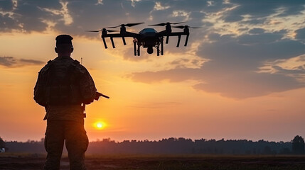 Soldiers use a drone, quadrocopter for reconnaissance during a military operation against the background of a sunset.
