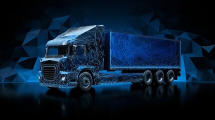 Polygonal 3d truck on dark blue background. Online cargo delivery service, logistics or tracking app concept. Abstract vector illustration of online freight delivery service.