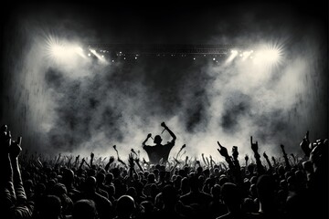 hip hop dark wall background no writings on it stage with crowd of people raising hands enjoying live music  - obrazy, fototapety, plakaty