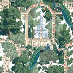 Garden gallery with peacock and fountain seamless pattern. Classic wallpaper landscape.