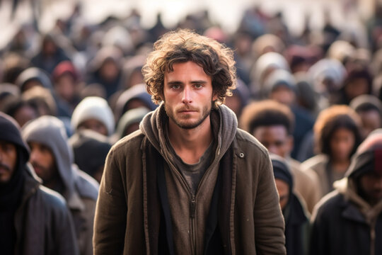 Emigration, refugees, world social problems concept. A crowd of migrants, a poor man looking at camera