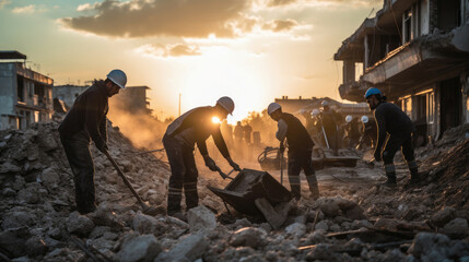 Fototapeta na wymiar Workers cleaning up rubble of a city or town devastated by war