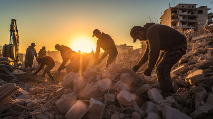 Workers cleaning up rubble of a city or town devastated by war - obrazy, fototapety, plakaty