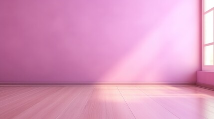 Light Magenta Serenity: Interior Background with Glare on Empty Wall and Wooden Floor, Product Presentation, Background