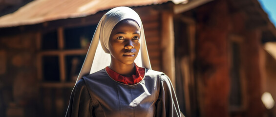Young black African nun or catholic missionary - portrait with blurred local village on a sunny day. Generative AI