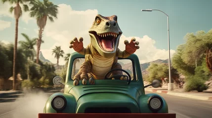 Afwasbaar Fotobehang Auto cartoon Dinosaur cartoon character,T-Rex Riding a car