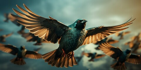 Flying starlings in the sky. photo - obrazy, fototapety, plakaty