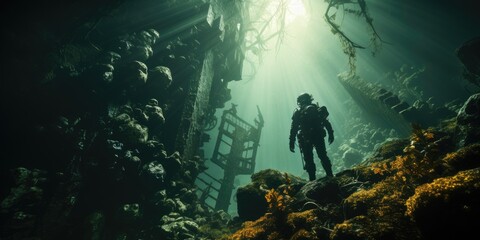 A photo of a mysterious underwater world, diver and a sunken ship. Generative AI - obrazy, fototapety, plakaty