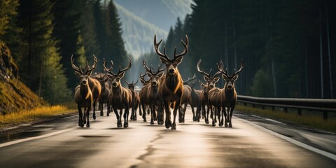  There are lot of elk on the road. Conservation of wild animals. Safe driving. Generative AI