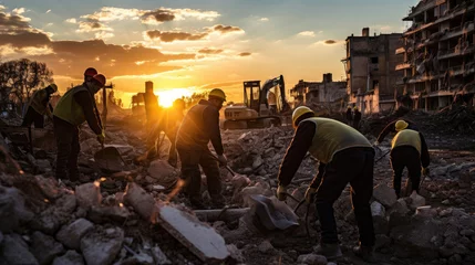 Fotobehang Workers cleaning up rubble of a city or town devastated by war © Sasint