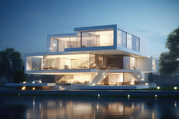 Futuristic White House Design with Large Glass Panels