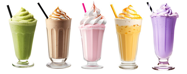 Milkshake Smoothie in cup on transparent background cutout, PNG file. Many assorted different...