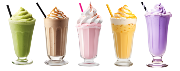 Milkshake Smoothie in cup on transparent background cutout, PNG file. Many assorted different flavour. matcha, strawberry, chocolate, caramel, mango, banana, grape. Mockup template for artwork design.
