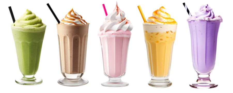 Milkshake Smoothie in cup on transparent background cutout, PNG file. Many assorted different flavour. matcha, strawberry, chocolate, caramel, mango, banana, grape. Mockup template for artwork design.