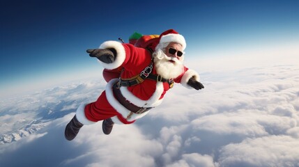 A man dressed as Santa Claus flying above the clouds with gifts on his back - obrazy, fototapety, plakaty
