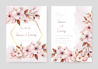 Pink sakura modern wedding invitation template with floral and flower