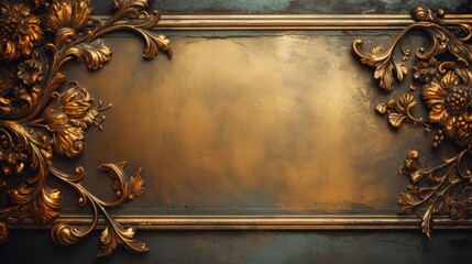 Antique gold with frame and patterns. Antique gold texture background. Copy space. Horizontal format for banners, posters, prints, advertising. Photo AI generated.